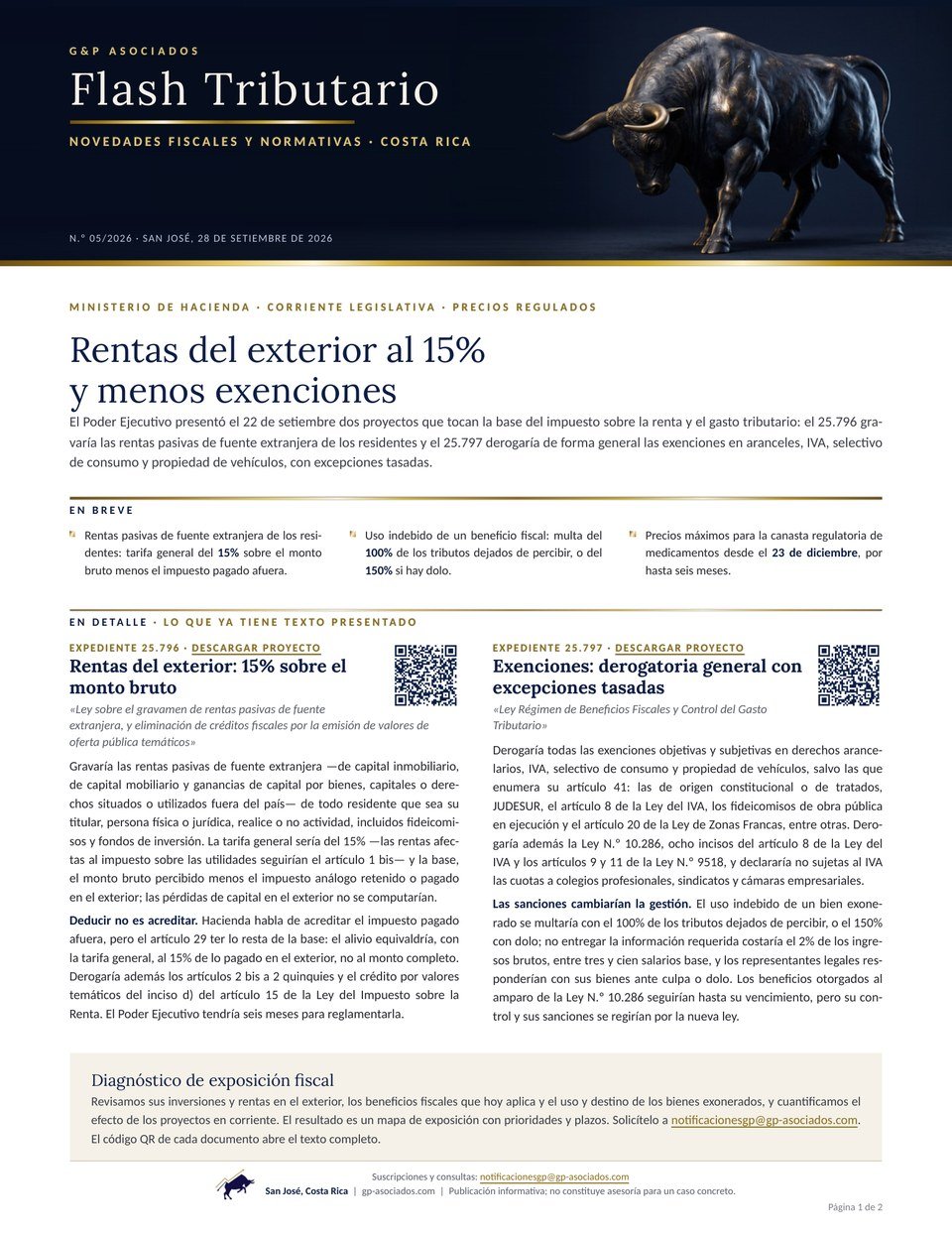 N.º 05/2026 — Rentas del exterior al 15% y menos exenciones